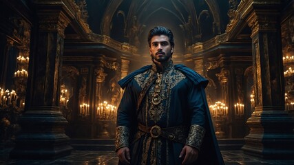 Naklejka premium Character of the kingdom in fantasy story, luxurious castle at night