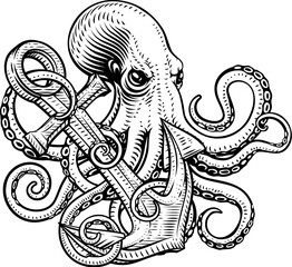 An octopus or kraken with tentacles wrapped round an anchor sailor tattoo style design illustration. © Christos Georghiou