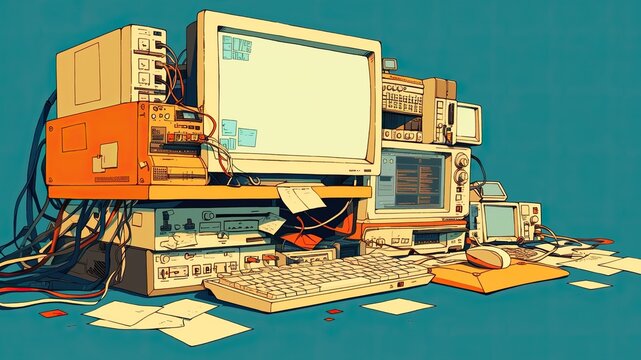 Simple comic-style illustration of an old computer in a playful cartoon design. Perfect for nostalgic digital art projects. SEO optimized stock image.