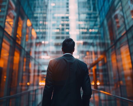 Businessman in suit with modern office buildings for stock investment and financial growth banner - Powered by Adobe