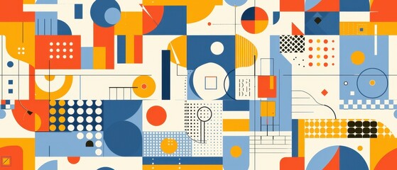 seamless pattern, Colorful geometric abstract pattern with various shapes and vibrant hues in blue, orange, and yellow, creating a modern artistic design.