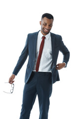 Thinking, business and black man with fashion, glasses and employee isolated on white studio background. African person, financial consultant or agent with confidence, choice or thoughts with eyewear