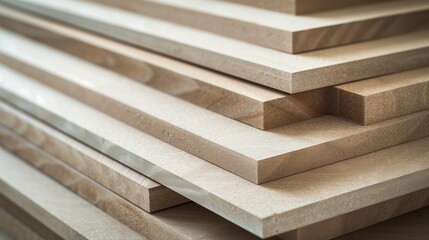 A stack of MDF boards in varying thicknesses, arranged in an abstract geometric pattern.