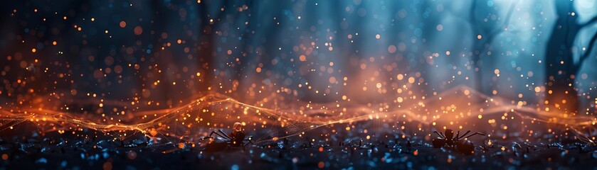 Fototapeta premium Enchanting forest scene with glowing sparks, creating a magical nighttime atmosphere. Ideal for fantasy and nature-themed visuals.