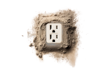 A detailed photo of a power outlet with dust and cobwebs, suggesting its age and neglect, isolated on a white background