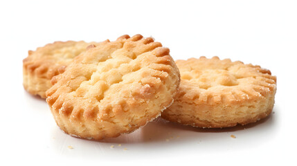 Three round shortbread biscuits isolated on white.
