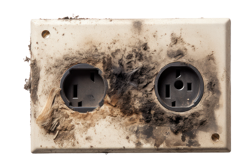 A detailed photo of a power outlet with dust and cobwebs, suggesting its age and neglect, isolated on a white background