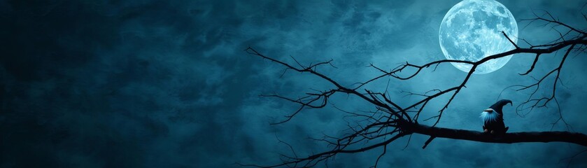 Silhouette of an owl perched on a branch under a full moon in a dark night sky, creating a mysterious and eerie atmosphere.