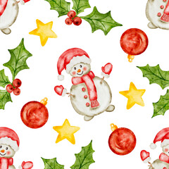 Watercolor Christmas seamless pattern snowman, red ornaments, holly and stars