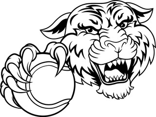 A tiger with a tennis ball sports team animal cartoon mascot