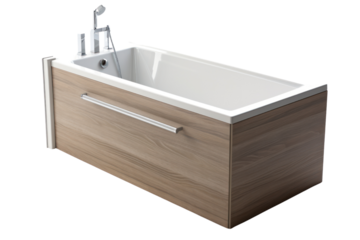 A deep, rectangular bathtub with a built-in shower, isolated on a white background