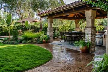 Stamped Iron. Covered Patio with Furniture and Chair for Barbecue
