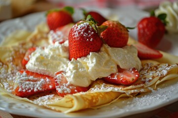 Strawberry Crepe. Delicious French Breakfast with Berries and Cream Cheese