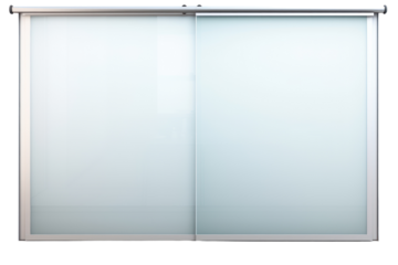 A contemporary sliding door with a frosted glass panel and a hidden track. Isolated on white background.