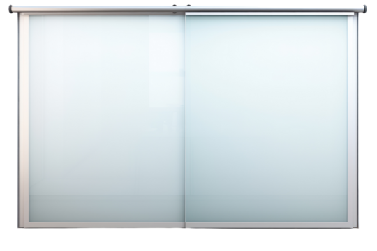 A contemporary sliding door with a frosted glass panel and a hidden track. Isolated on white background.