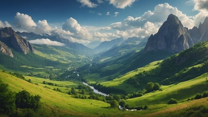 Obraz premium Swiss Mountains Summer Panorama with Alps and Green Landscape