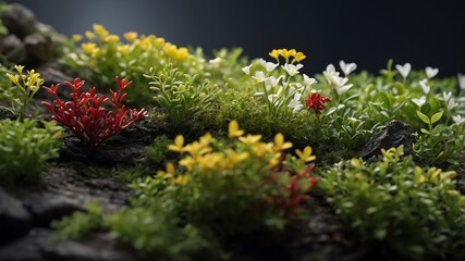 Flowers in garden and on rocks, featuring vibrant yellow, orange, and white blooms amidst greenery, showcasing nature's summer and spring beauty