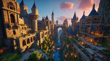 Obraz premium Urban architecture, ancient castle, fantasy, 8-bit style.