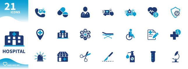 Fototapeta premium Hospital icon. Set of medical icons, health, medical instruments, heart, ambulance, pharmacy