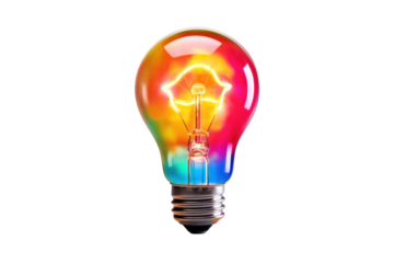 A colorful smart light bulb with a fun, playful design, emitting a vibrant glow, isolated on a white background.