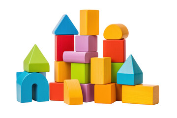A colorful and engaging set of wooden building blocks for toddlers, isolated on white background