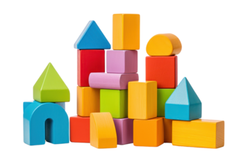 A colorful and engaging set of wooden building blocks for toddlers, isolated on white background