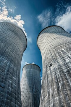 Cooling towers of a nuclear power plant, towering structures emitting steam, with large pipes visible, symbolizing the production of electrical energy through nuclear fission.
