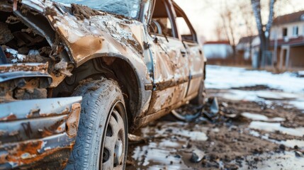 Fototapeta premium Smashed Car: Severe Hail Damage on Parked Vehicle in Urban Setting
