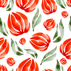 Summer seamless pattern watercolor flowers red on white background