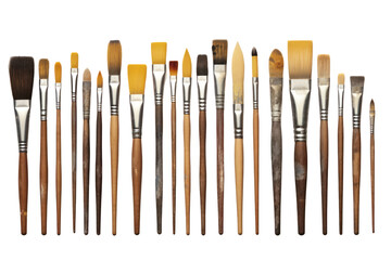 A collection of paintbrushes of different sizes and shapes, isolated on a white background