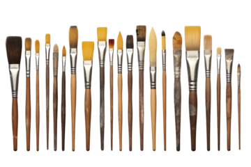 A collection of paintbrushes of different sizes and shapes, isolated on a white background