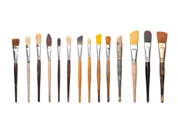A collection of paintbrushes of different sizes and shapes, isolated on a white background