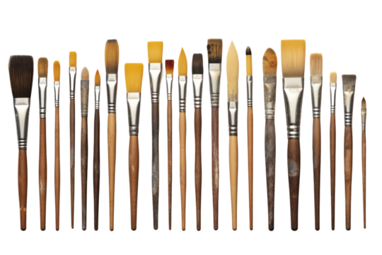 A collection of paintbrushes of different sizes and shapes, isolated on a white background