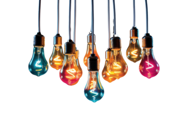 A cluster of colorful LED light bulbs suspended in mid-air, casting a vibrant glow on their surroundings, isolated on a white background