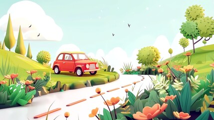 Fototapeta premium A cartoon illustration of a red car on a winding road through a green landscape.