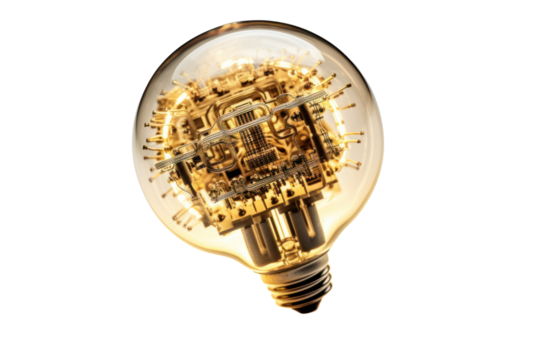shot of an LED light bulb, showcasing the intricate details of its filament and circuitry, isolated on a white background - Powered by Adobe