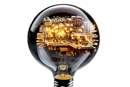 shot of an LED light bulb, showcasing the intricate details of its filament and circuitry, isolated on a white background - Powered by Adobe