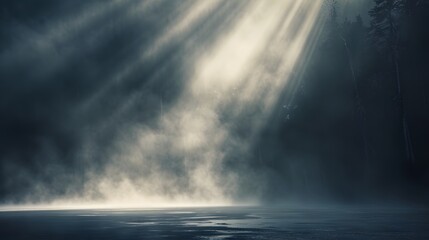 Obraz premium Stunning light beams piercing through foggy air, creating a dramatic and ethereal effect.