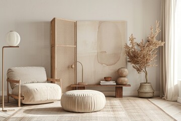 Neutral Living Room. Stylish Modern Interior with Graphic Poster and Beige Armchair