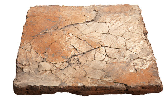 A close-up shot of a weathered terracotta tile with a crackled surface, isolated on a white background