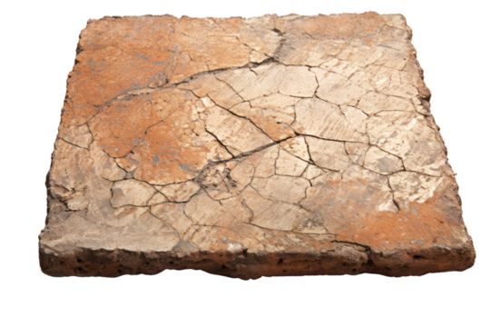 A close-up shot of a weathered terracotta tile with a crackled surface, isolated on a white background