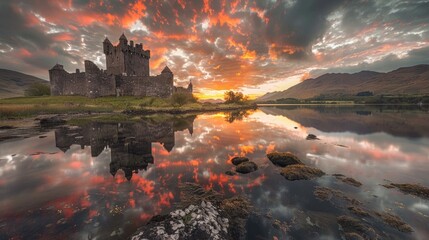 Scottish Castle: Kilchurn Sunset Over Loch with Stone Architecture