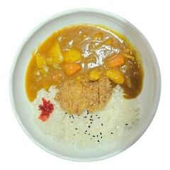 Fried pork curry rice on a white plate. Isolated on white background.