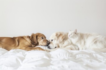 A Labrador dog with a cat on a white bed. Pets sleep together under white warm blanket on a bed at home