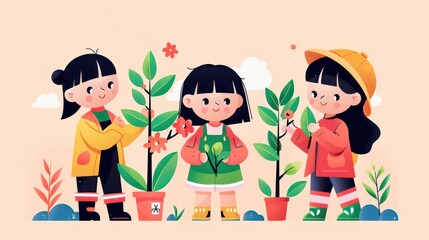 Naklejka premium Eco-Friendly Kids: Planting Trees in Vibrant Flat Design, Generative Ai