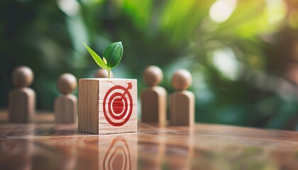 Customer centric crm with wooden block and target icon for focus group and service development