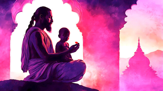 Watercolor illustration for guru purnima with a silhouette of guru with a disciple.

