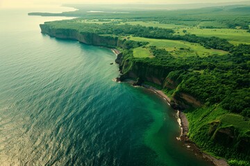 Emerald Coastline: An Aerial View of Lush Coastal Cliffs