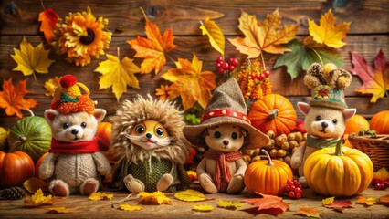 Vibrant autumn-colored leaves and whimsical animal accents adorn a festive indoor setting with empty chairs and rustic wooden tables.