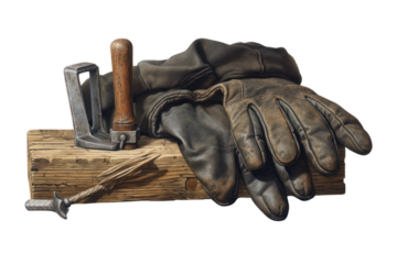 A classic still life painting of a rebar, a hammer, and a pair of gloves, all isolated on a white background.